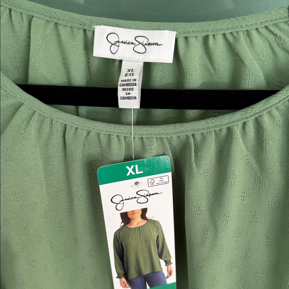 Jessica Simpson Green Ruched Shoulder Blouse - Picture 2 of 6